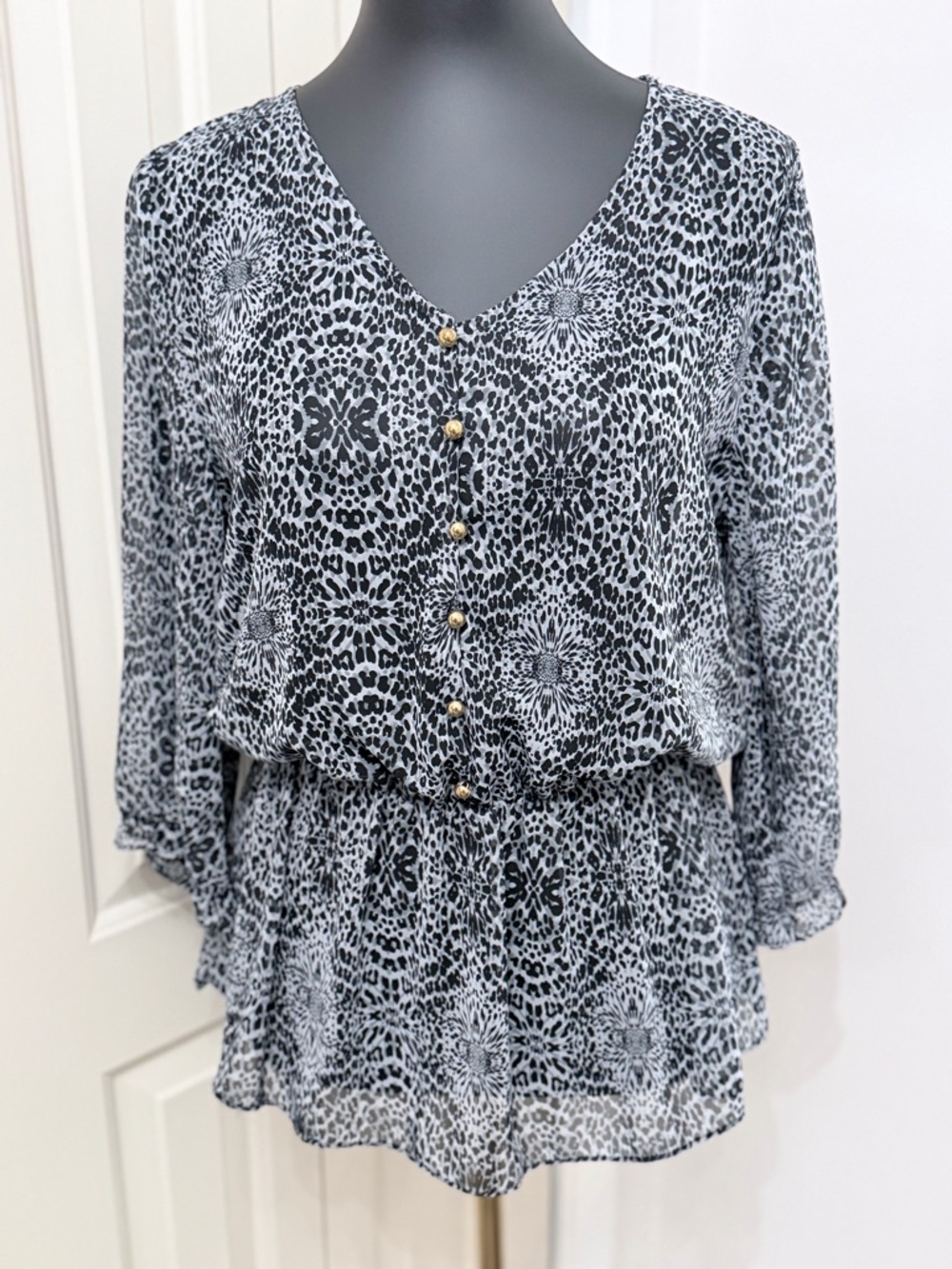 Wish Black White Animal Print Blouse Peplum Gold Button Front Large